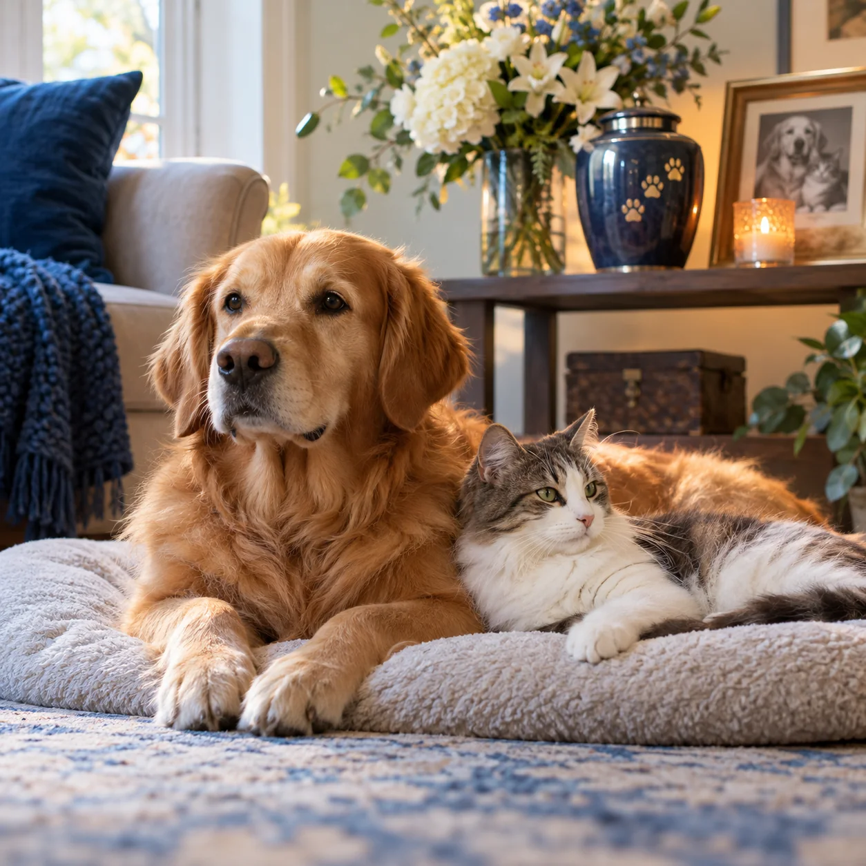 Perro y gato descansando juntos en un hogar